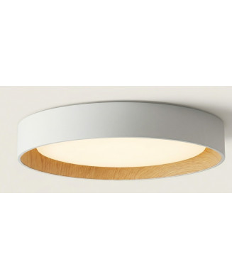 Candeeiro de teto circular em LED com efeito madeira.