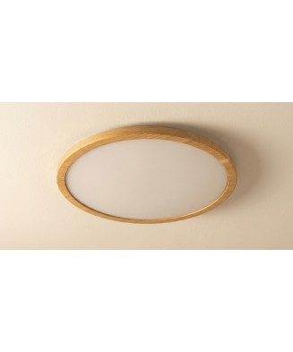 Plafón LED circular extraplano con aro efecto madera.