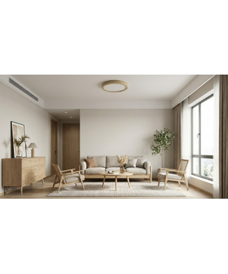 Extra-flat circular LED ceiling light with wood effect ring.