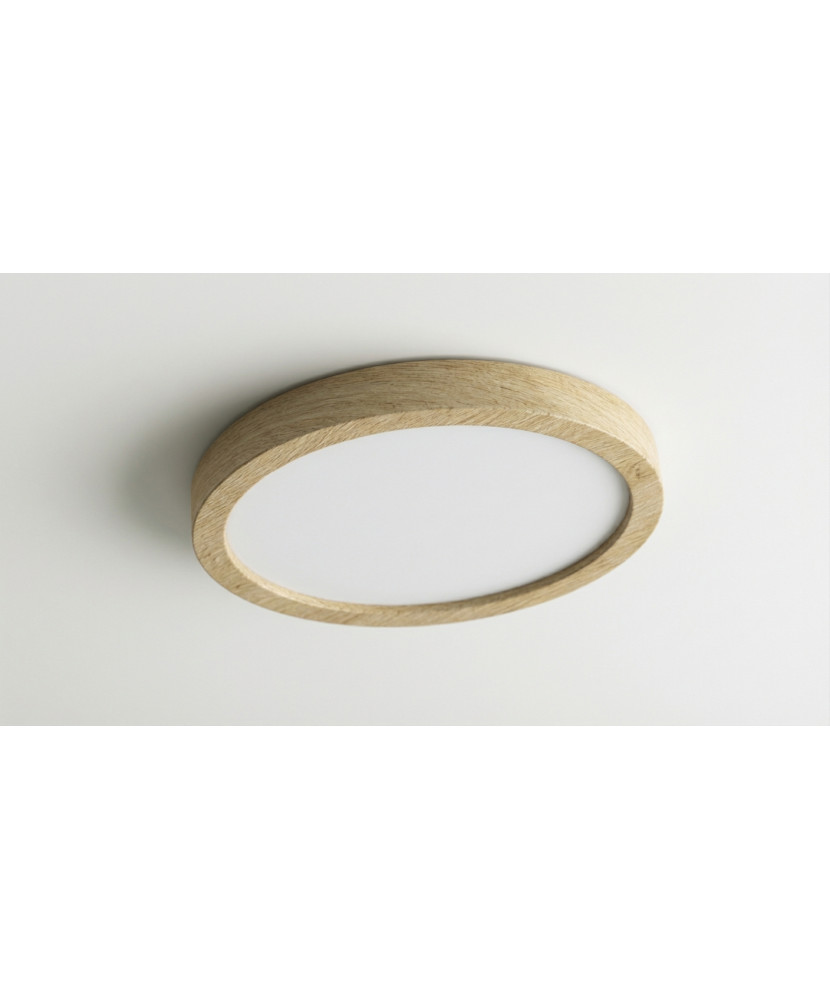 Plafón LED circular extraplano con aro efecto madera.