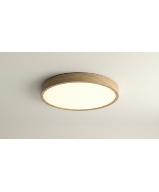 Plafón LED circular extraplano con aro efecto madera.