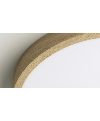 Plafón LED circular extraplano con aro efecto madera.