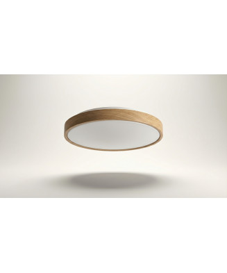 Plafón LED circular extraplano con aro efecto madera.