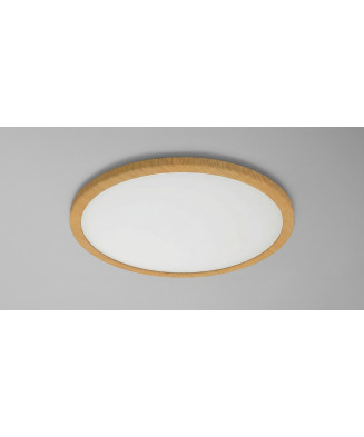 Extra-flat circular LED ceiling light with wood effect ring.